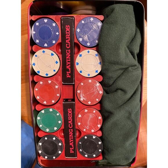 Casino Style Texas Hold’Em Poker Set New in tin, cards, chips, instructions, mat - Picture 3 of 6
